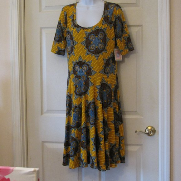 LuLaRoe Dresses & Skirts - LuLaRoe Nicole Dress XL NWT $45 Mustard Brown & Blue Print Fit & Flare Full